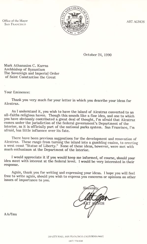 Response of Mayor Art Agnos of San Francisco, California to the proposal about the Island of Alcatraz.