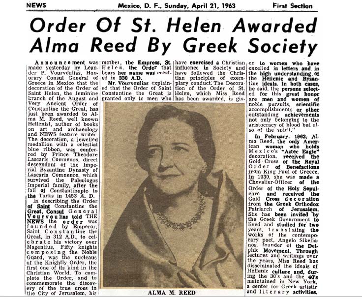 Alma Reed receives the Order of Saint Helen from Greek Society, Mexico, D.F., Mexico.